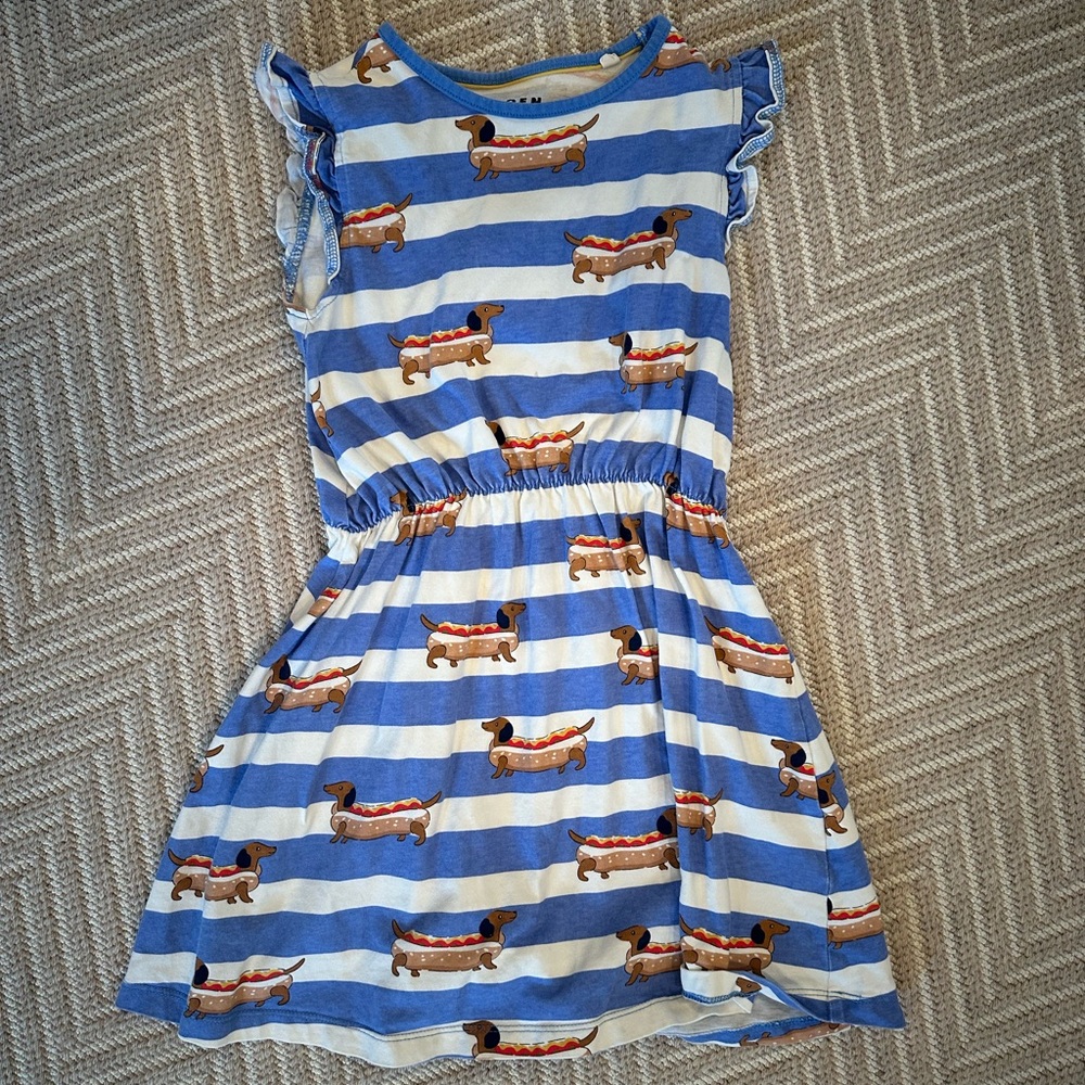 Mini Boden Blue and White Striped Dress with Dachshund Print Size 6/7